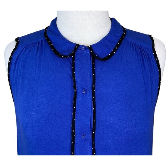 Elle Sleeveless Blue Pleated Details Black Polka Dot Trim Button Front Blouse M - Picture 3 of 10